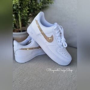 Women's Air Force 1 07 White Sneakers made with Gold Swarovski Crystals